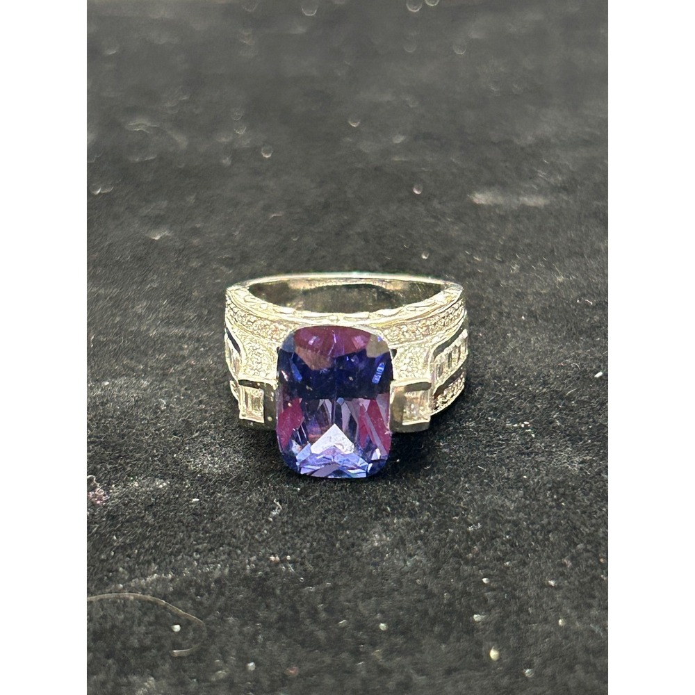 925 Sterling Silver Purple Cushion Cut Tanzanite CZ Statement Cocktail Ring